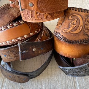 Vintage Leather Belts, Hand tooled leather painted, eagle, Beverly, letter D, authentic leather belt, vintage novelty heavy duty, streetwear