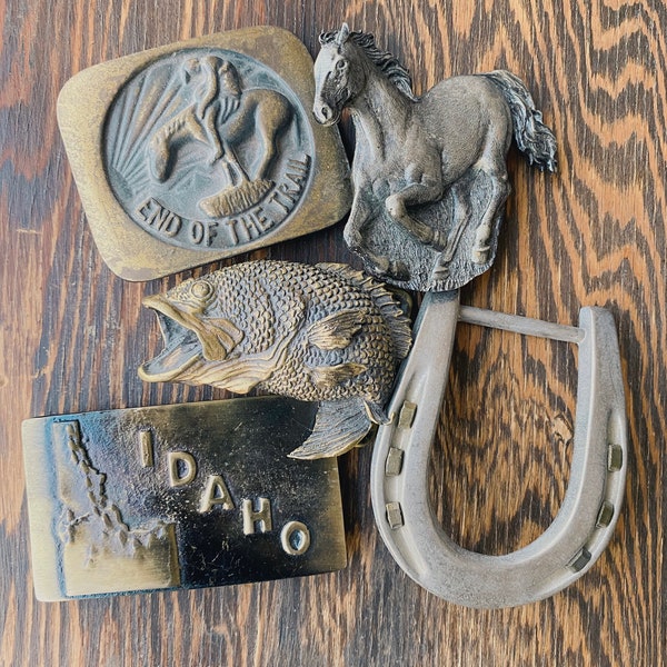 Vintage Belt Buckles, End of the trail, cowboy, bass, fish, Idaho, horse, horseshoe, brass, vintage novelty, heavy duty, farm, belt buckle