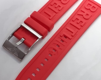 24mm Red Rubber Watch Band with Steel Buckle, Breitling Style
