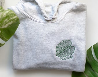 Plant Lady Monstera Leaf - modern minimalist embroidered hoodie - plant lady love