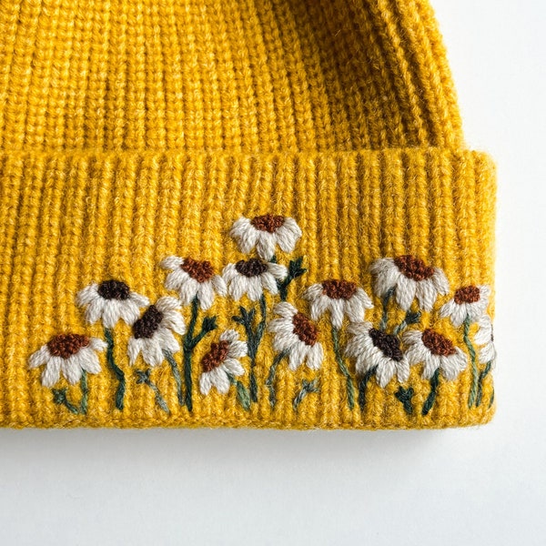 Hand Stitched Simple Daisies Beanie - modern minimalist embroidery - hand embroidered daisy beanie