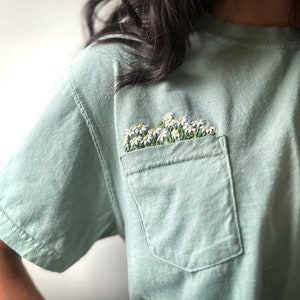 Simple Daisies Hand Embroidered Pocket Tee - modern minimalist embroidery - floral embroidery
