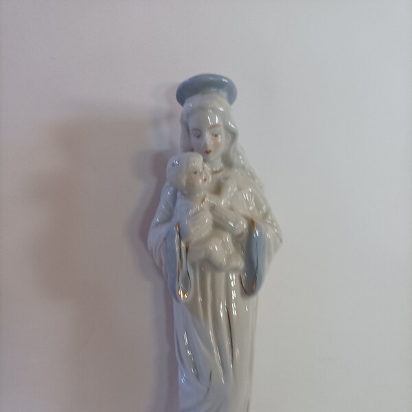 Porcelain Madonna Child Figurine Height: 9 1/2 "  Statue-Mother Mary -In Great Condition- Virgin Mary Jesus Ceramic-