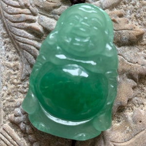 Natural Emerald Green Burmese Jadeite Buddha Pendant – Semi-Transparent Floating Flower Jade, Hand-Carved Standing Happy Buddha | 54mm