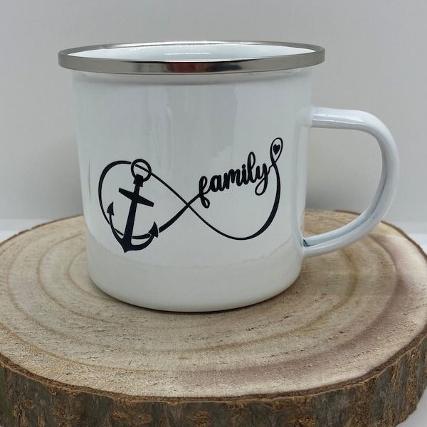 Emaille-Tasse Motiv family, Emaille-Becher, Familie, beidseitig bedruckt, Kaffeebecher, personalisierbar, Anker, Liebe