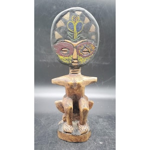 Vintage Hand Carved Wood Woode Beaded African Fertility Doll Statue Black 9.5&quot;