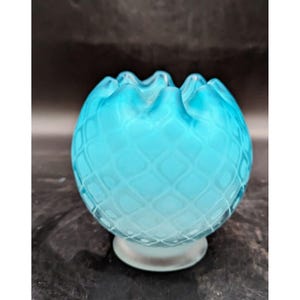 Antique Thomas Webb Cased Blue Satin Glass Rose Bowl Vase Diamond Quilt Pattern 