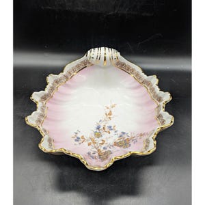 Antique Pink Hand Painted German Porcelain Seashell Serving Bowl Flowers 9.5&quot;
