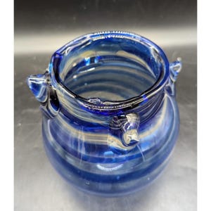 Vintage Hand Blown Art Glass Blue Striped Vase Vessel Signed 6&quot;