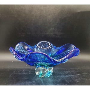 Vintage Murano Jordan Import Company Mid Century Pedestal Bowl 9.5&quot; Blue Green