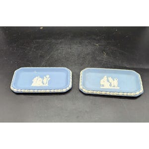 Set/2 Wedgwood Jasperware Blue Trinket Jewelry Tray Dish 6&quot; Neo Classical