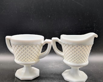 Vintage Westmoreland White Milk Glass Creamer and Sugar Bowl Set Diamond Pattern