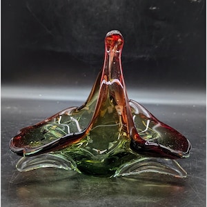 Murano Art Glass Centerpiece Bowl With Sculptural Handles Red & Green Vintage Italian