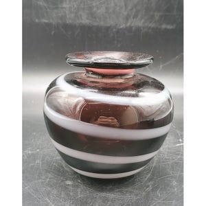 Vintage Art Glass Amethyst Hand Blown Vase with White Swirl 4.75”