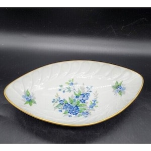 Vintage Hand Painted Limoges Porcelain Oval Trinket Decorative Dish Blue Flower