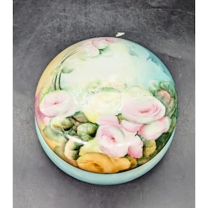 Antique Limoges France Porcelain Floral Vanity Dresser Powder Round Box 5.5&quot;