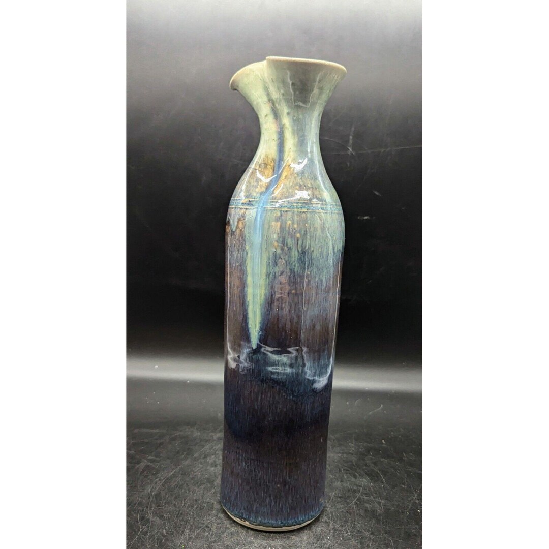 Vintage 12" Blue Drip Glaze BILL CAMPBELL Art Pottery Vase Pitcher Ewer ...