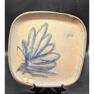 Vintage Studio Art Pottery Square Grey Tray Platter Plate Floral Flower Signed