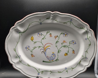 Hand Painted Ceramic Oval Serving Platter Bird Floral Scalloped Italian Folk Art