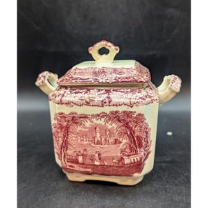 Vintage Mason&#39;s Vista English China Ironstone Lidded Sugar Bowl Red Transfware
