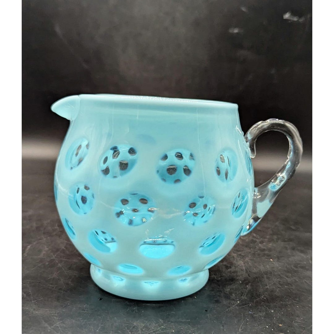 Vintage Fenton Blue Opalescent Coin Dot Pitcher Art Glass 5" Mid ...