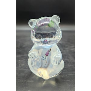 Vintage Fenton Art Glass Clear Opalescent Hand Painted Sitting Bear Signed