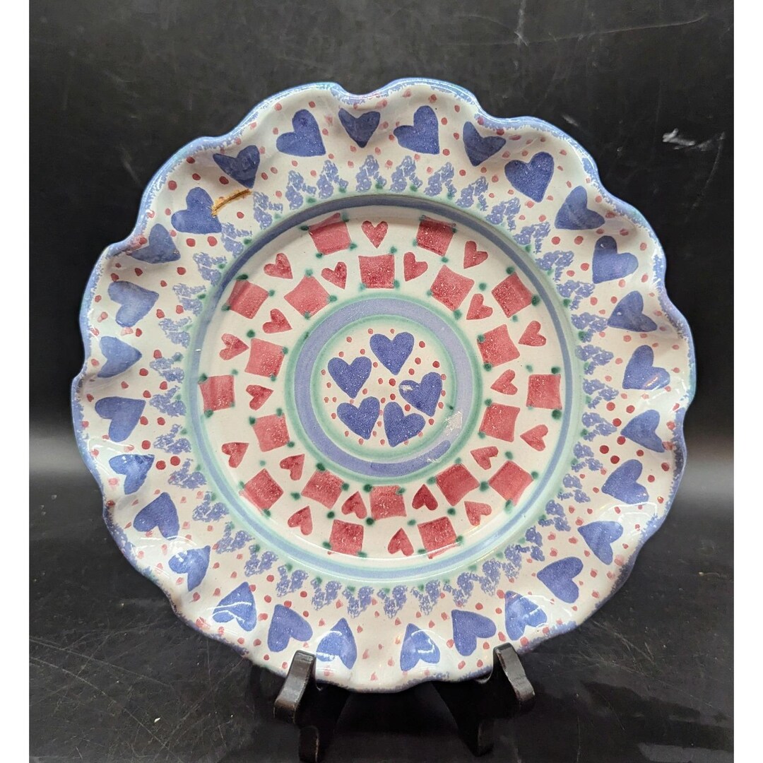 Vintage Studio Pottery Hand Painted Ruffles Plate Floral Hearts Squares ...