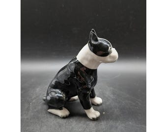 Vintage Boston Terrier Ceramic Figurine Black White Glossy Porcelain Dog Statue