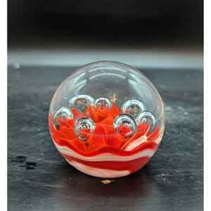Vintage Round Paperweight Orange White Controlled Bubbles Art Glass 3&quot;