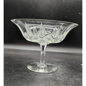 May include: A clear glass dessert bowl with a stem and a wide, flared rim. The bowl is etched with a fern leaf pattern around the sides. The bowl sits on a round base and has a tall stem.