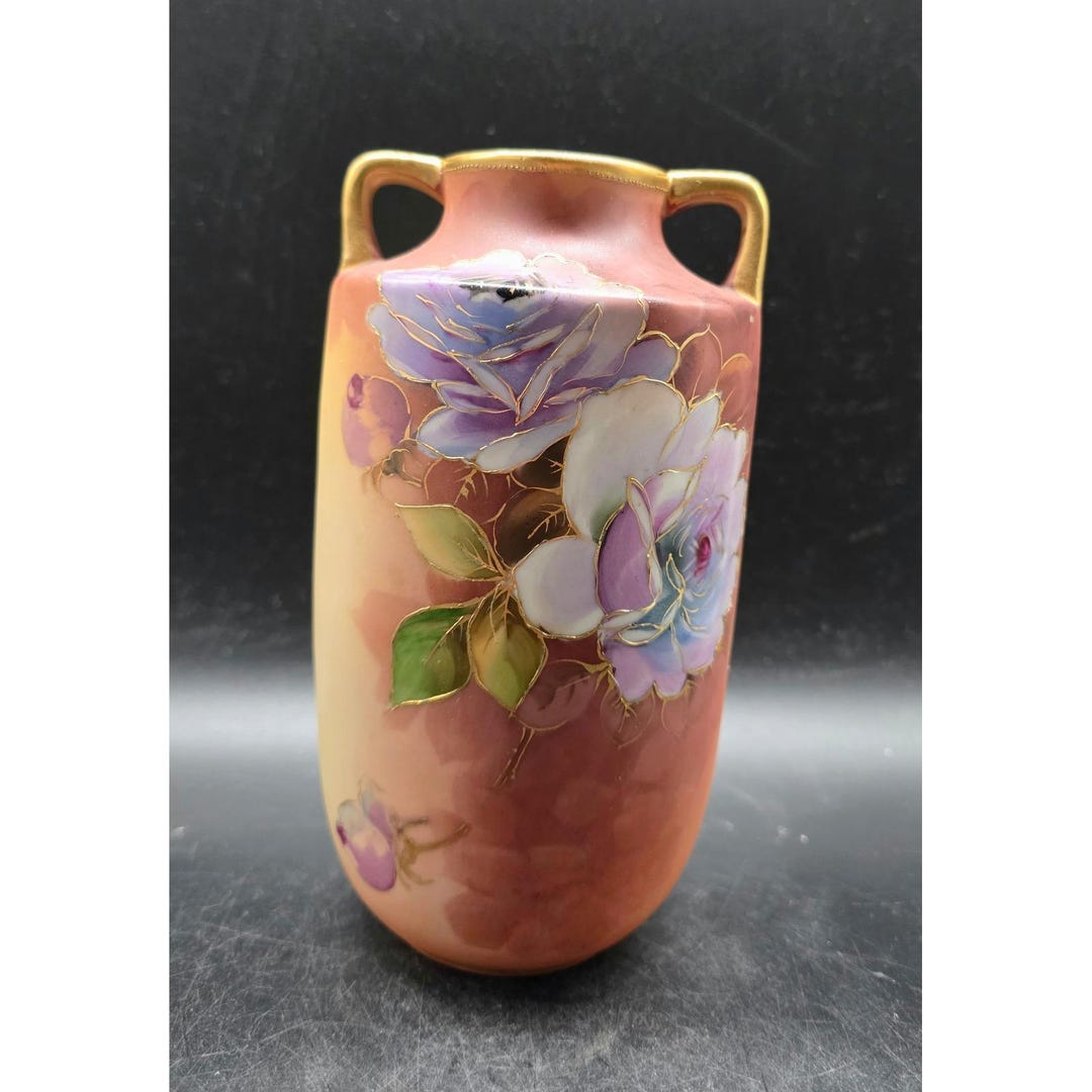 Antique Nippon Hand Painted Rose Vase Gold Gilded Double Handle ...