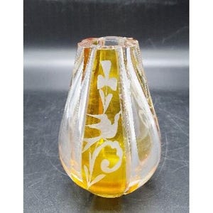 Antique Art Deco Amber Cut to Clear Bohemian Glass Vase Bird Dove 4.5&quot;