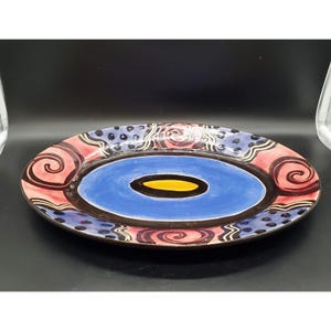 Studio Art Pottery Redware Oval Serving Platter Abstract Painted 16.5&quot; Signed