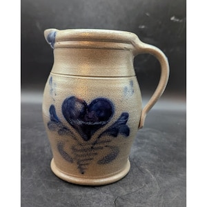 Vintage Salt Glazed Pitcher Rowe Pottery Works 1999 Blue Heart