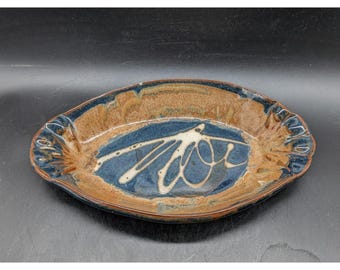 Studio Pottery Abstract Dragonfly Oval Serving Platter Brown Stoneware Chip 9.5"