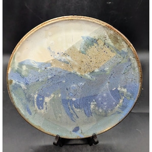 Vintage Studio Art Pottery 11&quot; Blue White Glaze Plate Signed Rae