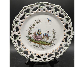 Tallier a Moustiers French Faience Hand Painted Reticulated Plate Peasant Scene