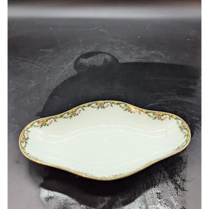 Vintage Visnaud Limoges 9&quot; Porcelain Oval Celery Serving Dish Pink Flower