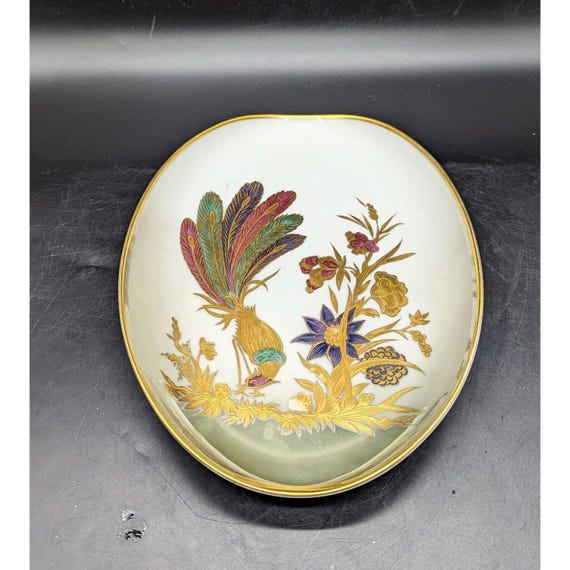Vintage Dipinto A Mano Longo Oro Zecchino Italy Oval Dish Pheasant