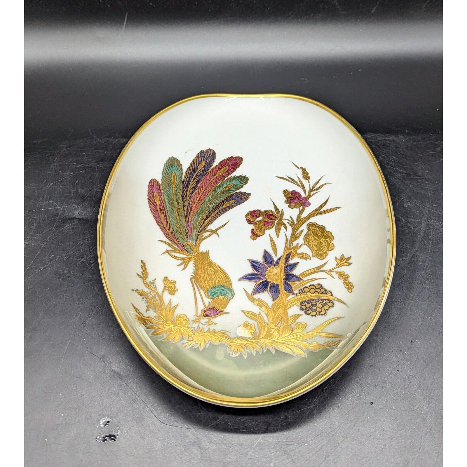 Vintage Dipinto A Mano Longo Oro Zecchino Italy Oval Dish Pheasant