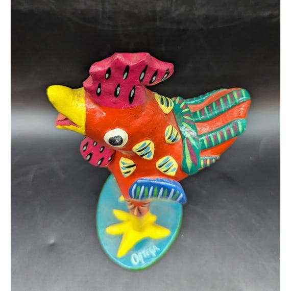 Vintage Colorful Rooster Handmade Mexico Folk Art Figurine Signed