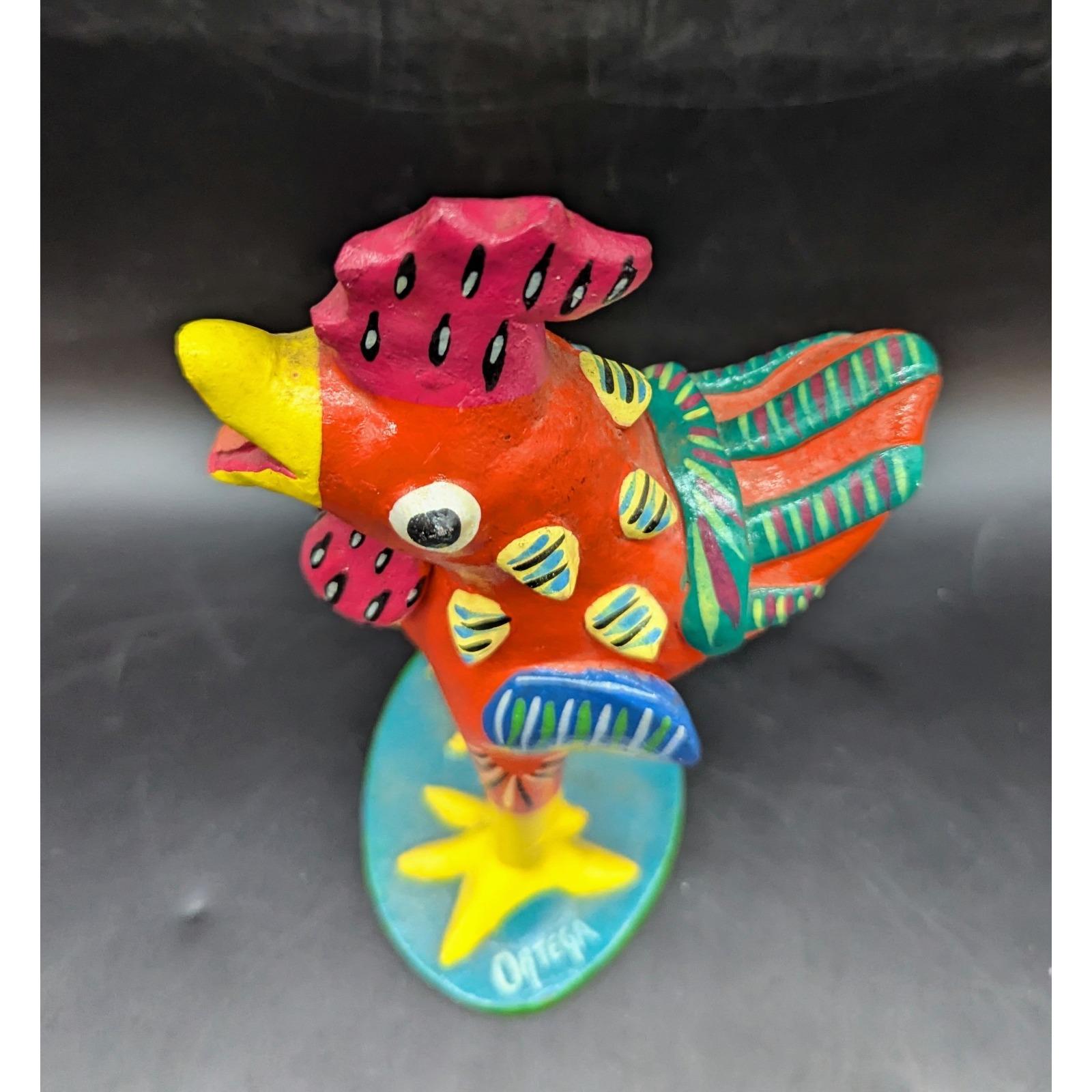 Vintage Colorful Rooster Handmade Mexico Folk Art Figurine Signed