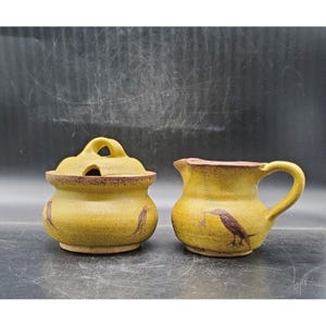 Vintage Studio Art Pottery Creamer And Sugar Bowl Set Lid Stoneware Bird Signed