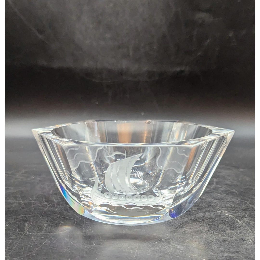 Vintage Orrefors Crystal Etched Hexagonal Bowl Candy Dish Viking