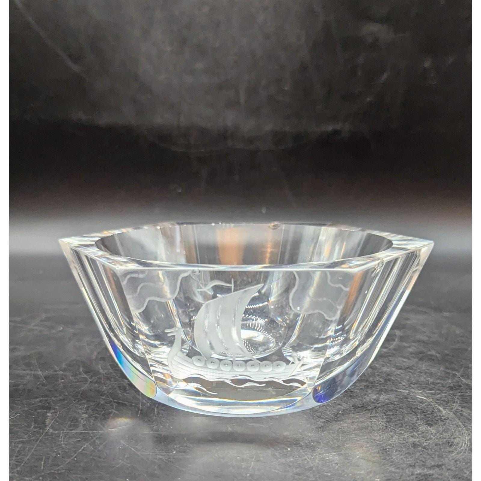 Vintage Orrefors Crystal Etched Hexagonal Bowl Candy Dish Viking