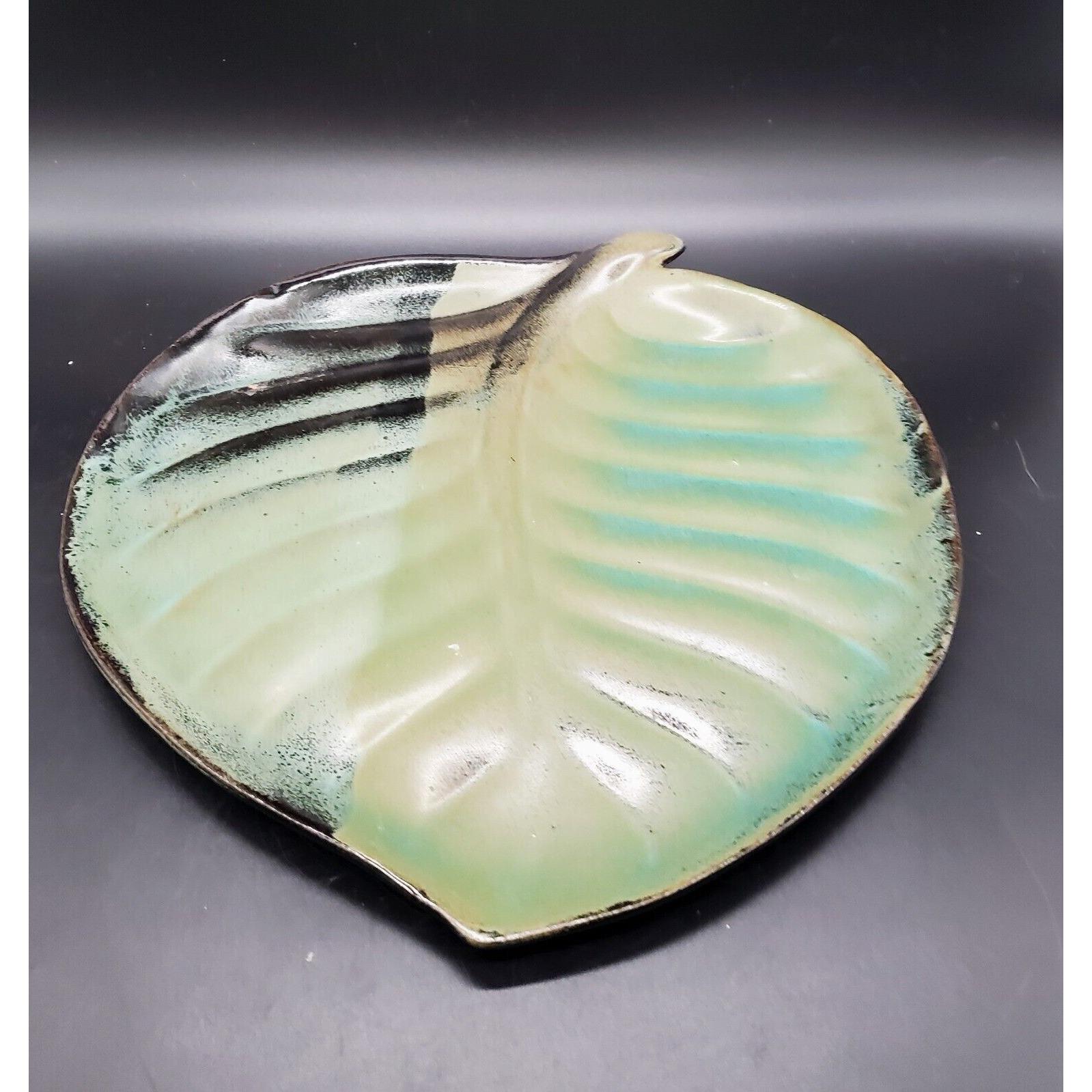 Handmade Studio Art Pottery MCM Green Leaf Shaped Tray Plate