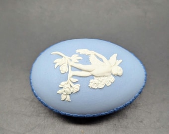 Vintage Wedgwood Blue Jasperware Trinket Box With Raised Cherub Design