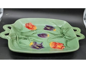 Vintage German Majolica Tulip Serving Tray Green Embossed Floral Platter 728