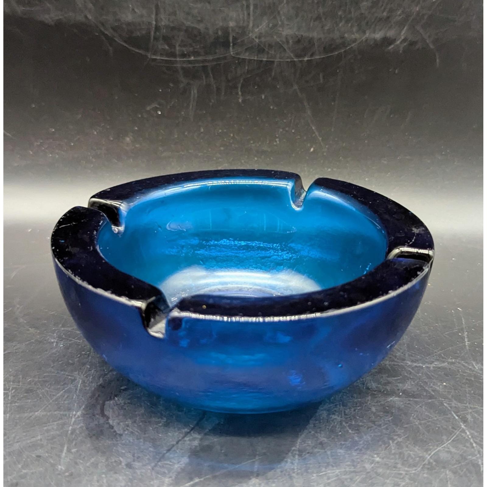 Vintage MCM Blenko 6139 Blue Glass Ashtray Trinket Dish Tobacciana