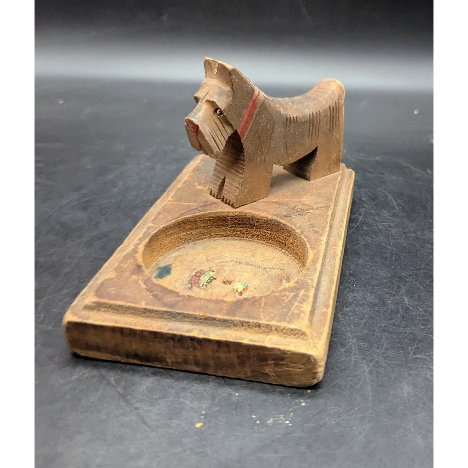 Vintage Hand Carved Wood Wooden Scottie Dog Puppy Ashtray 6.5